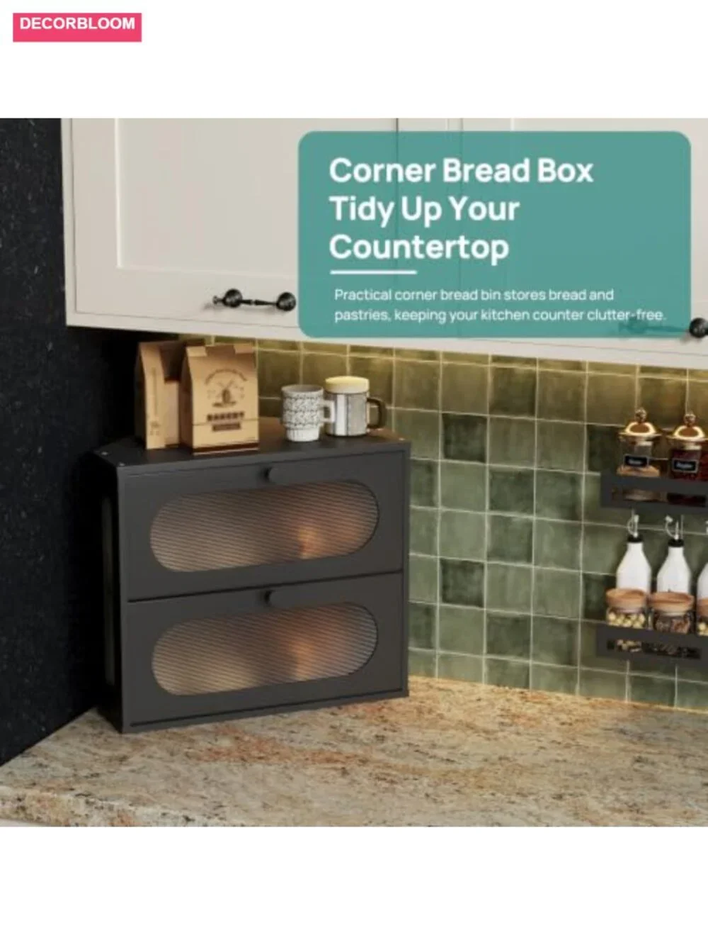 Bamboo Corner Bread Box with Acrylic Door, Large Dual-Tier Kitchen Storage